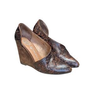 Jeffrey Campbell Ibiza Tooled Leather Wedges Heels Slip On Brown Floral Embossed